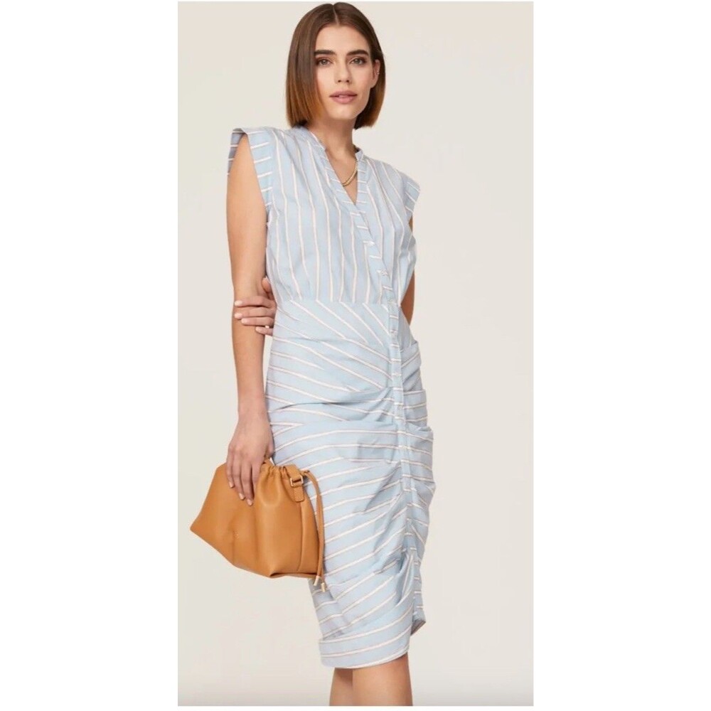 Veronica Beard Ruched Shirt Dress Blue and White Stripe Size 16 - Picture 2 of 13